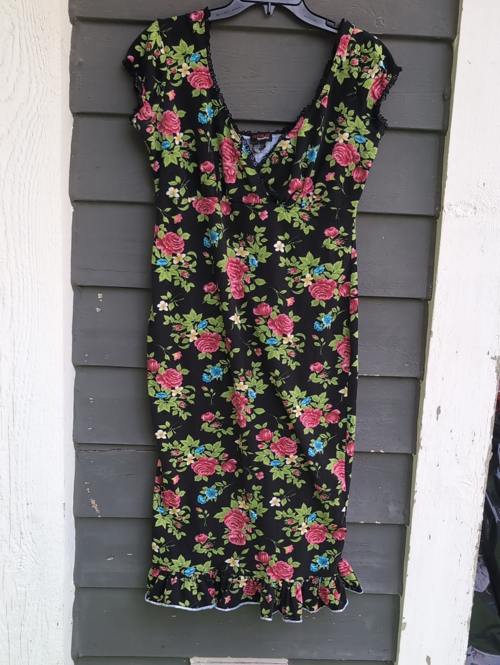 Black Floral Midi Dress with Pink Rose Print Size XLarge